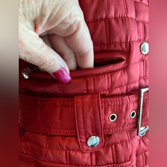 Laundry By Shelli Segal~Red Quilted Coat~Zip-Up & Snap~Pockets~Hood~Belt~Size S - Picture 7 of 16